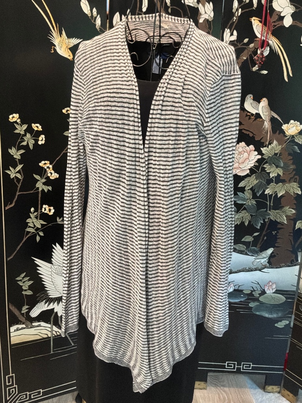 Eileen Fisher Stripe Organic Linen Open Cardigan Sweater PM